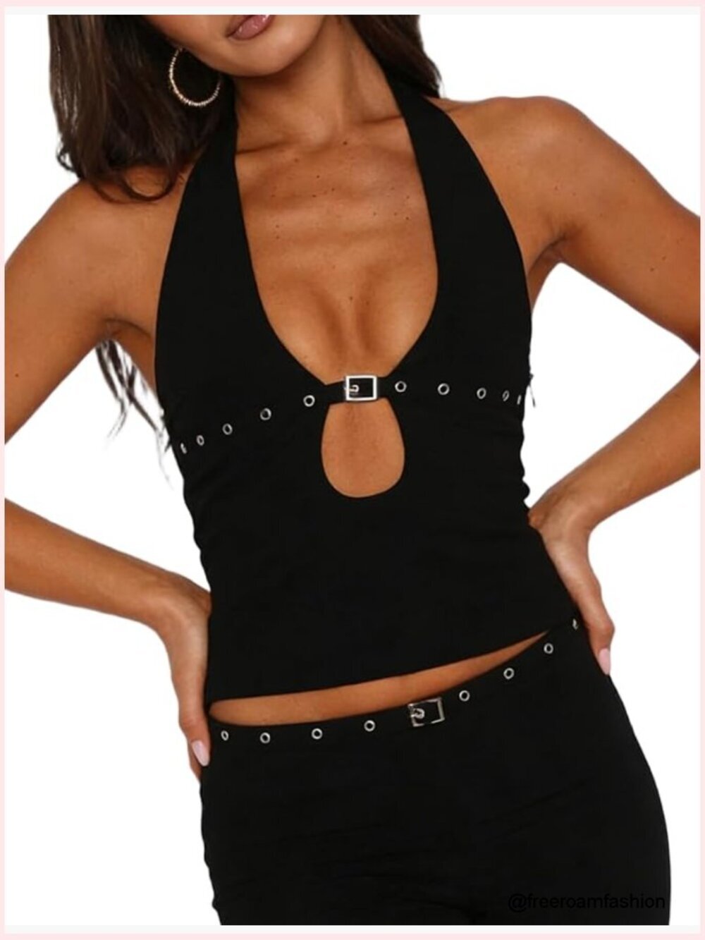 Y2K Halter Cut Out Tank Top Deep V Neck Eyelet Front Buckle Crop Tops Sexy